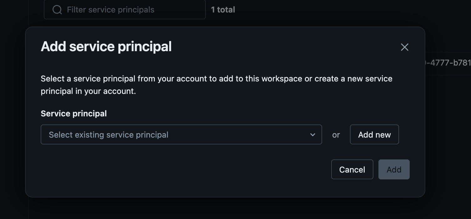 Add service principal dialog