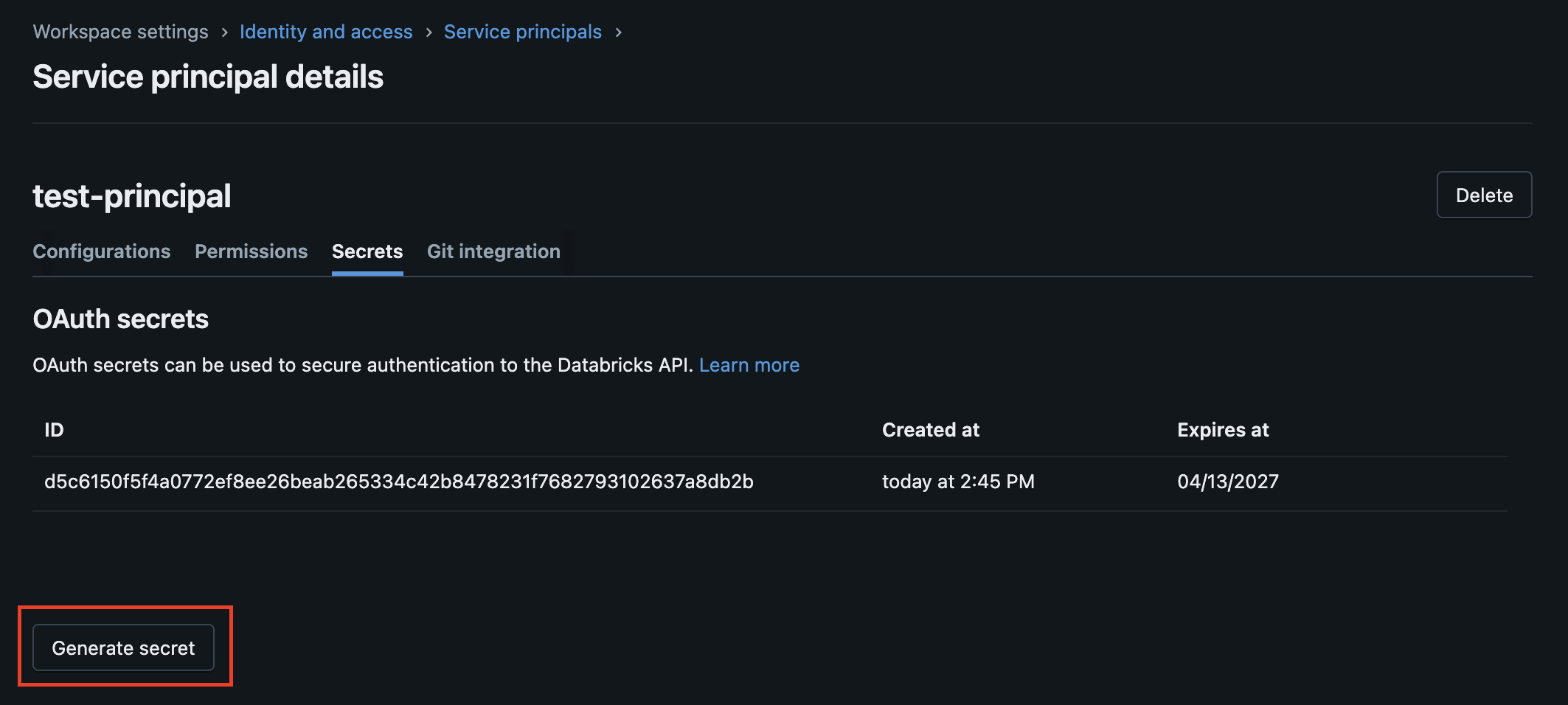Service principal Secrets tab with Generate secret button